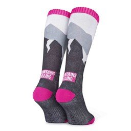 POPTOES ski socks JOHN Mountains Calling Pink – mountain design ski socks with pink accents, rear view
