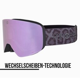 JAMIE ski goggles – Leo Grey, half-side view, baby pink lens with leopard print strap, interchangeable lens, perfect for men and women | POP EYES 