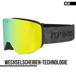 NEU: JAMIE Skibrille Green Army, halbseitig, mit Camouflage-Print-Band und grüner Scheibe, Skibrille für Damen und Herren. OTG Skibrille.