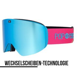 JAMIE Skibrille Neon Pink, halbseitig, blaue Scheibe und neonpinkes Band, Wechselglas, ideal für Skibrille schlechte Sicht.