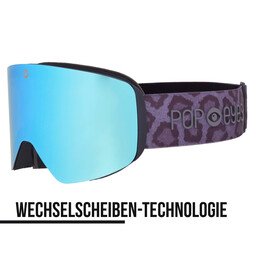 Skibrille JAMIE Leo Grey, halbseitig, blaue Scheibe mit Leo-Print-Band, Wechselglas, Skibrille für Damen und Herren. OTG