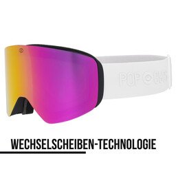 JAMIE Skibrille All White, halbseitig, pinkfarbene Scheibe und einfärbig weißes Band, Wechselglas, Skibrille für Brillenträger | POP EYES