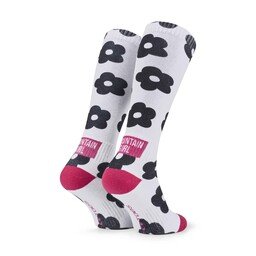 POPTOES Skisocken JOHN Mountain Girl Pink – Skisocken mit schwarzem Blumen-All-Over-Print auf Weiß und weicher Baumwolle für warme Füße
