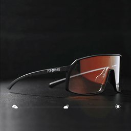 FRIEDA photochromatische Sport Sonnenbrille Black – seitliche Ansicht mit Icons, selbsttönende Scheibe CAT 1-3