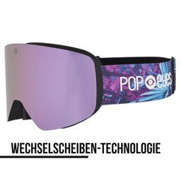 JAMIE Skibrille – Mint Palm, halbseitig, mit rosa Scheibe und Palmen-Design in Rosa, Violett und Mint, Wechselglas.