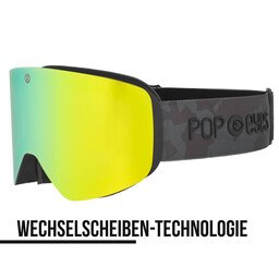 JAMIE Skibrille Green Army, halbseitig, mit Camouflage-Print-Band und grüner Scheibe, Skibrille für Damen und Herren. OTG Skibrille | POP EYES
