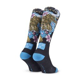 POPTOES Skisocken JOHN Après Ski Club Tiger – schwarze Skisocken mit Tiger-Design und kuscheliger Baumwolle für warme Füße
