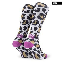 POPTOES ski socks JOHN Powder Crew Leo Gold Purple – warm gold-purple leopard print ski socks made of soft cotton | NEW