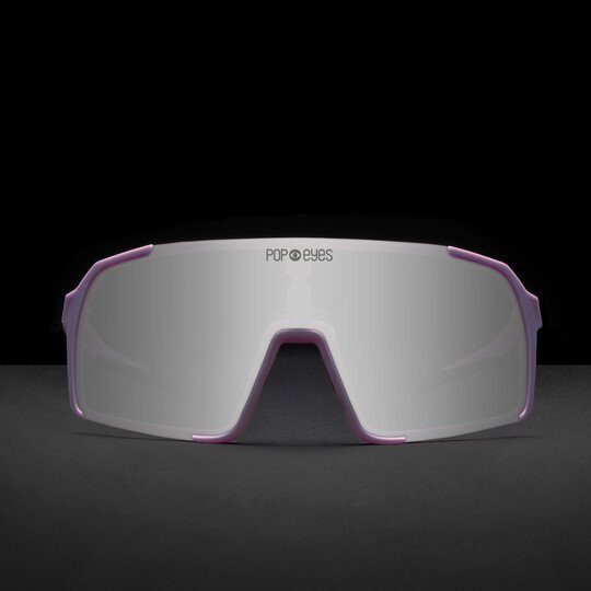 Front view EDDY Purple – sports sunglasses with mirrored lens and bold style.
