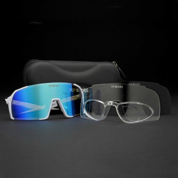 EDDY White Ocean Blue set: self-tinting sunglasses with clear lens, polarized lens, optical clip & case.